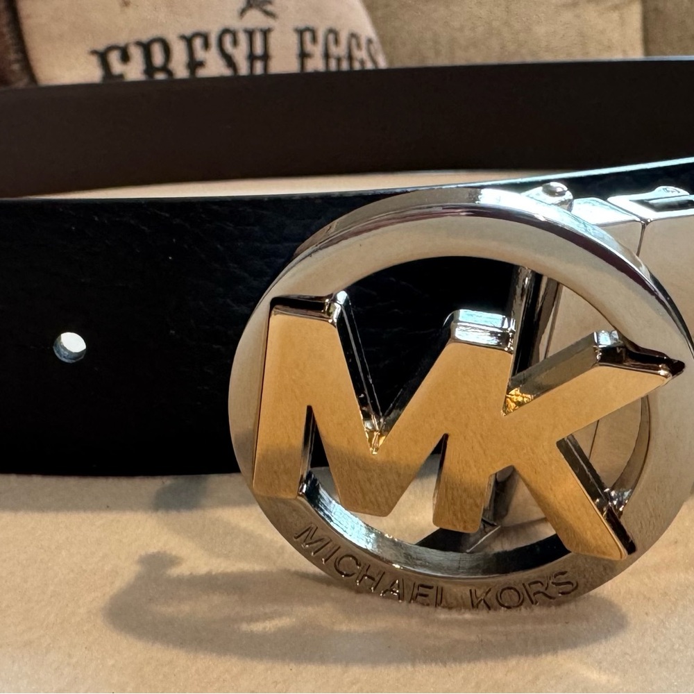 Michael Kors Black & Brown Reversible Belt with Silver & Gold MK Buckle.